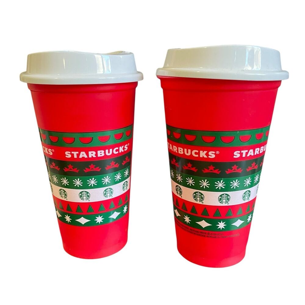 Two 2020 Starbucks 16 oz Holiday Reusable Plastic Cups w/lids Christmas Design